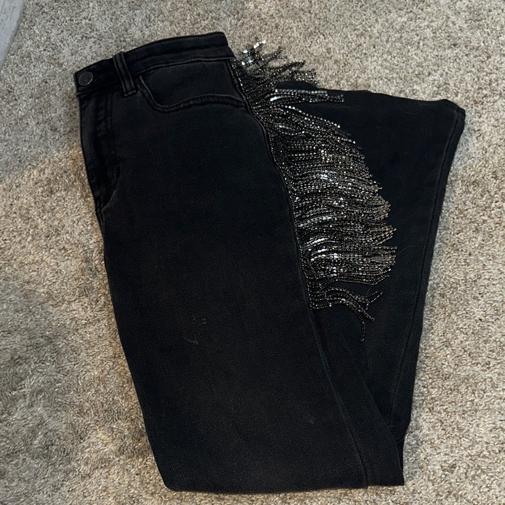 Buckle Black Flare Jeans with Silver Fringe